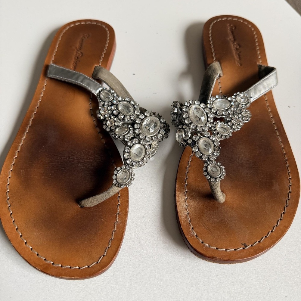 Tommy Bahama Sandals Womens Size 10 Silver Rhinestone Thong Leather Shoes